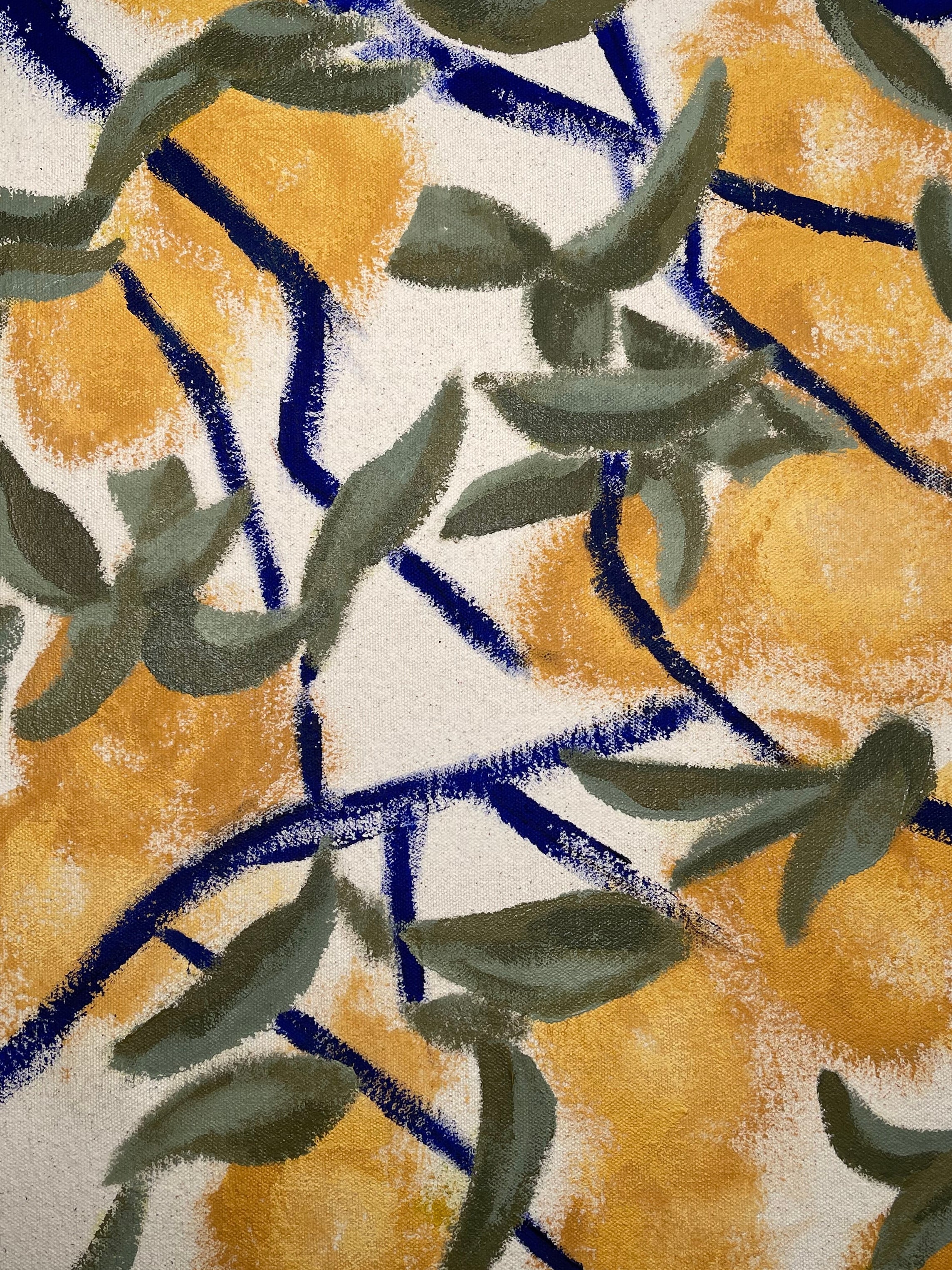 Movement filled painting of cobalt blue branches, golden oranges and green leaves 
