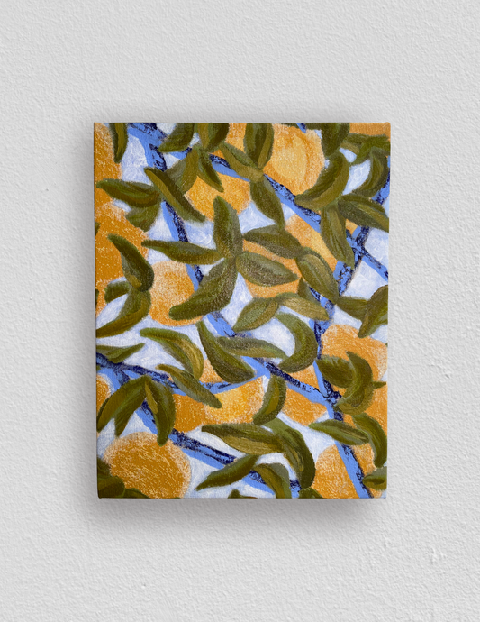 Rectangular painting with green leaves and oranges against a gauzy blue sky. 