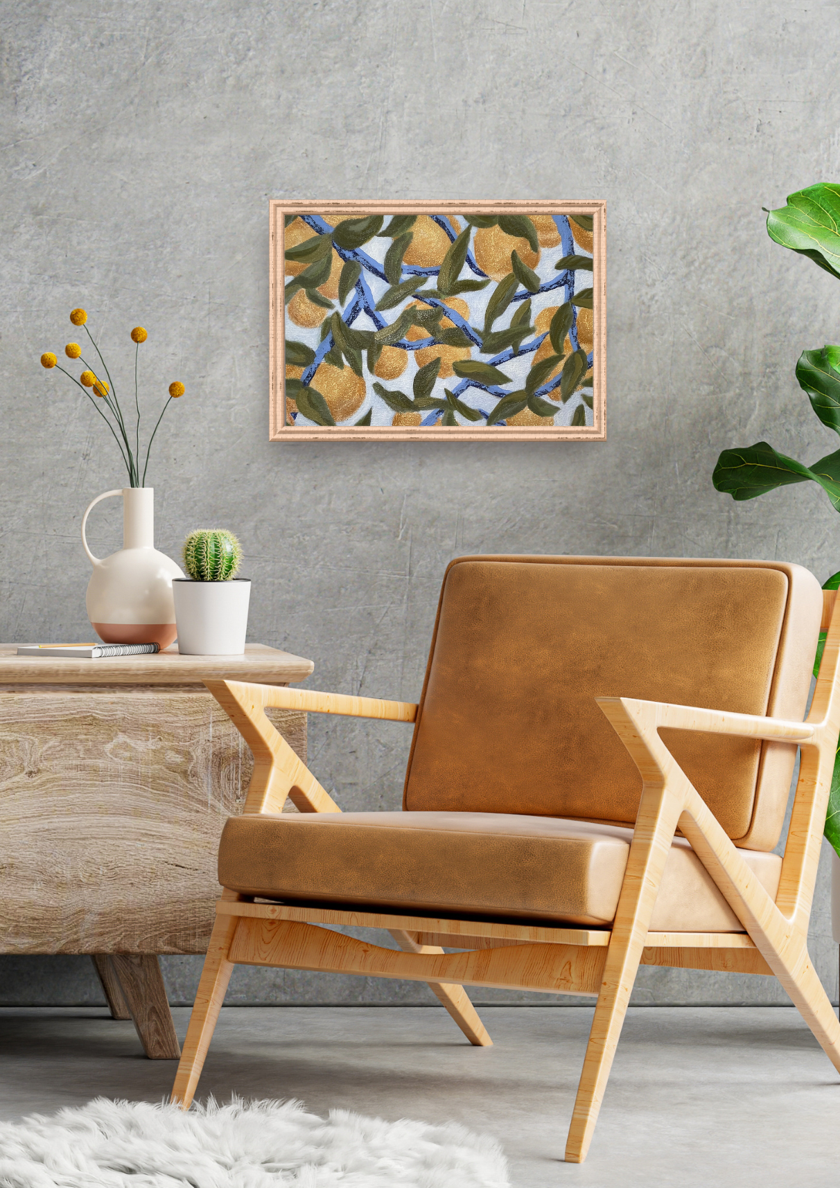 Modern living room with wooden TV stand, brown armchair, and decorative plants against a gray wall. A shimmering painting of orange branches is highlighted. 