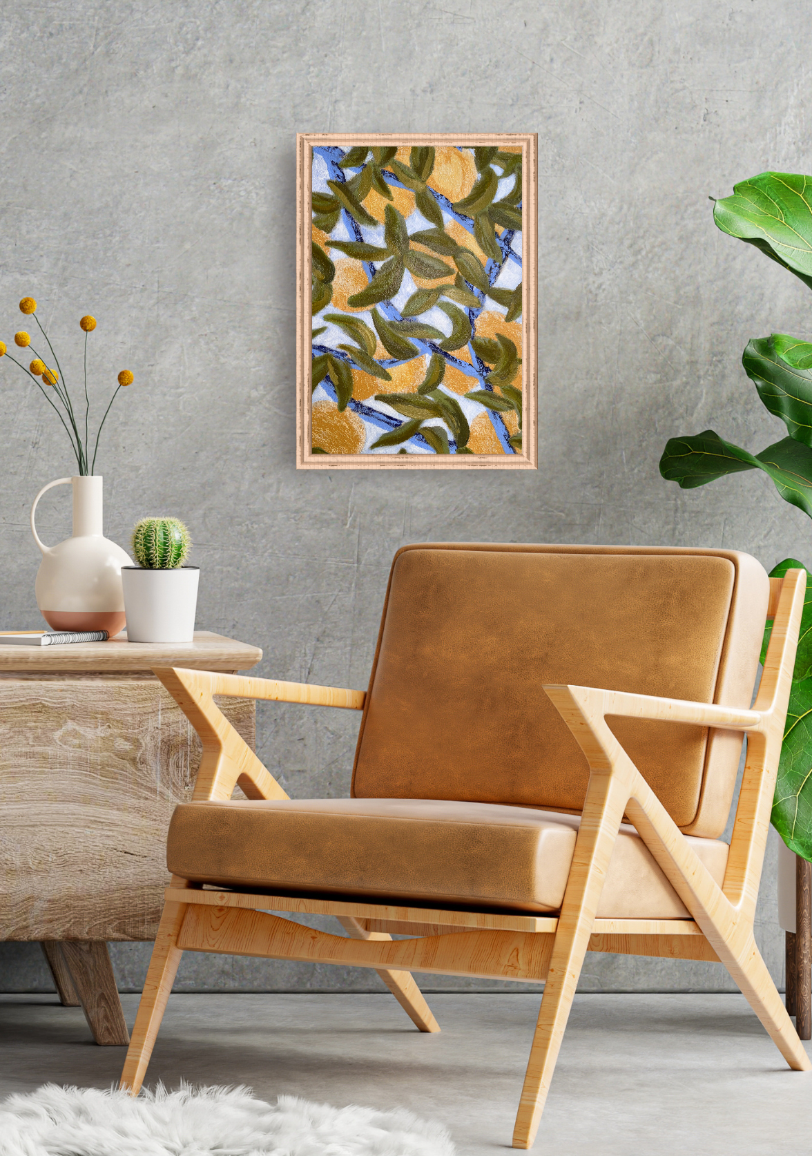 Modern living room with wooden TV stand, armchair, and decorative elements. A glowing painting of oranges is showcased. 