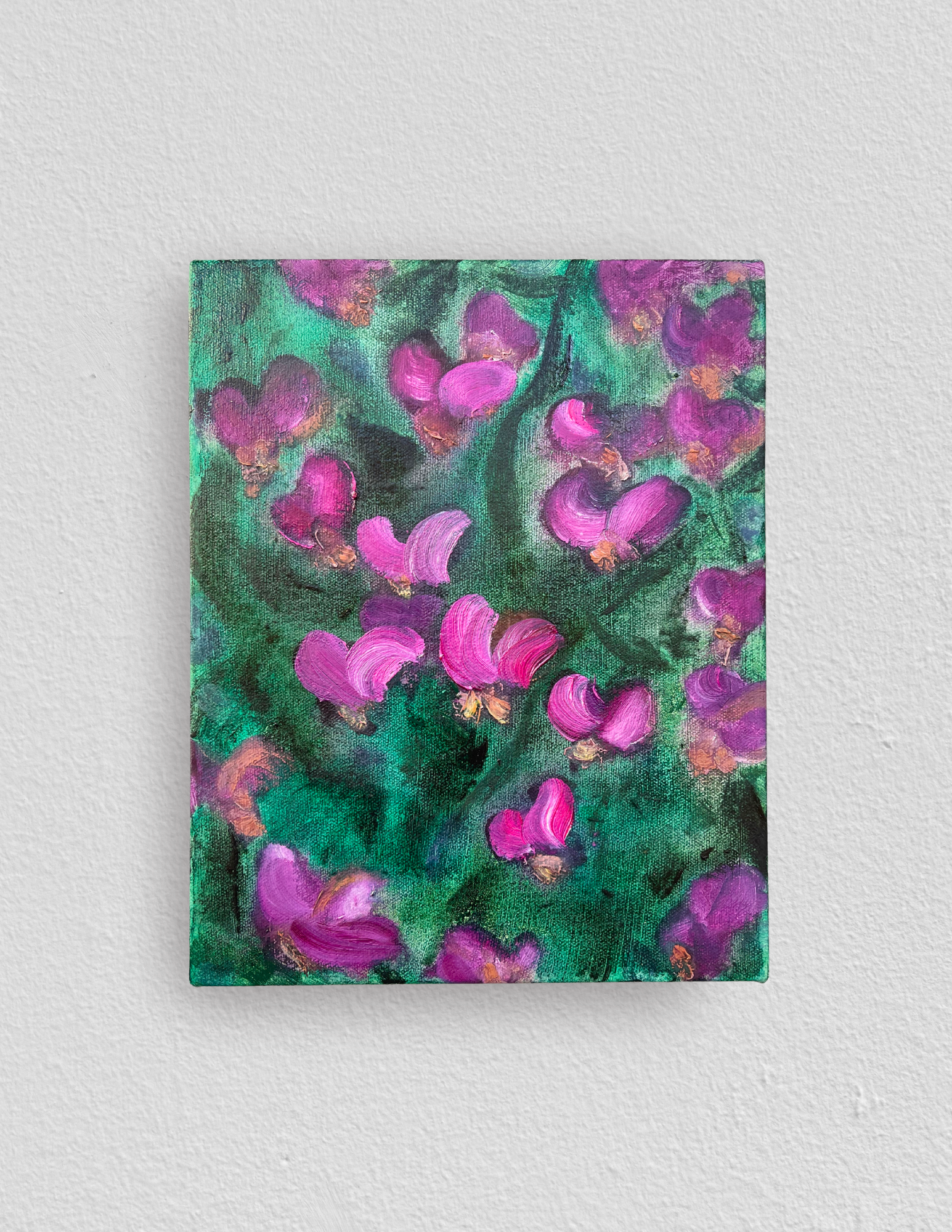 Small semi-abstract oil painting of vibrant pink everlasting pea flowers on a saturated green background.