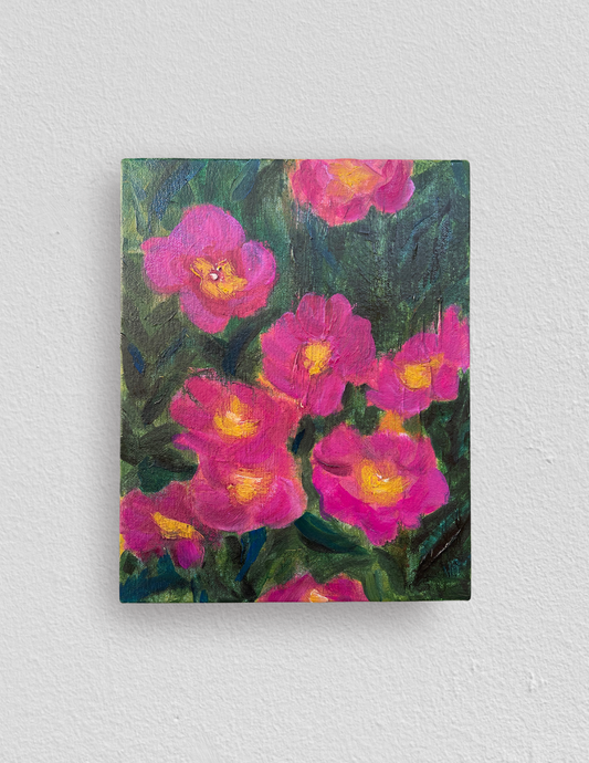 Oil painting of pink peony flowers with green leaves on a light gray background